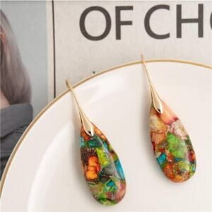 Natural Healing Stone Fishhoop Dangle Drop Earrings Statement Gold silver